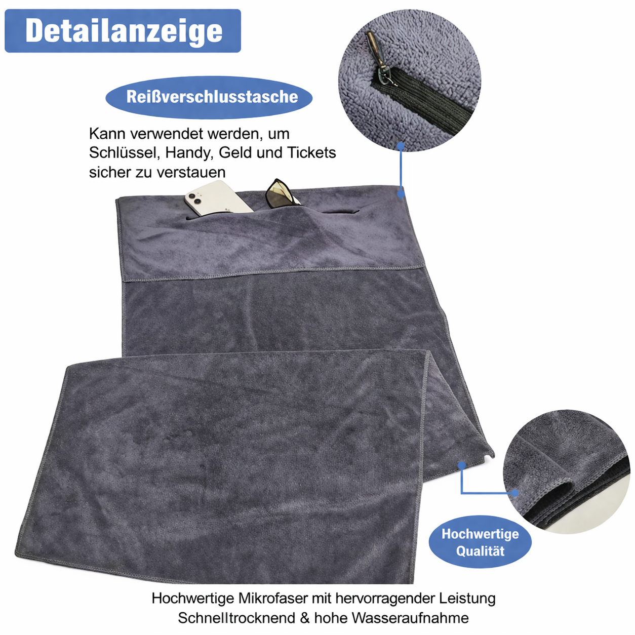 Fitness Handtuch mit Reißverschlusstasche 40x95cm Mikrofaser Gym Handtuch